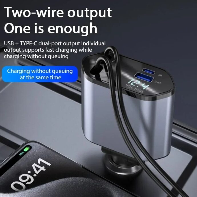 ⁦Chargeur Voiture Rétractable 4-en-1 – Câbles Type C & iOS⁩ - الصورة ⁦3⁩