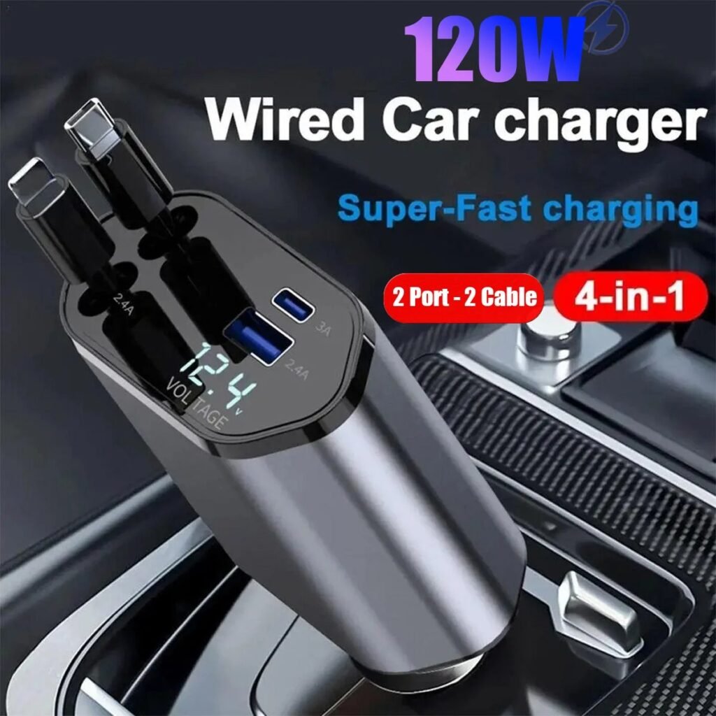 Chargeur Voiture Rétractable 4-en-1 – Câbles Type C & iOS