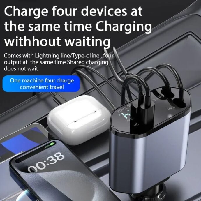 ⁦Chargeur Voiture Rétractable 4-en-1 – Câbles Type C & iOS⁩ - الصورة ⁦4⁩