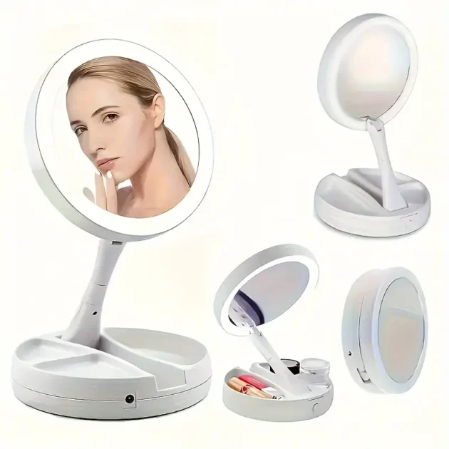 Miroir de Maquillage Pliable LED avec Organisateur de Rangement