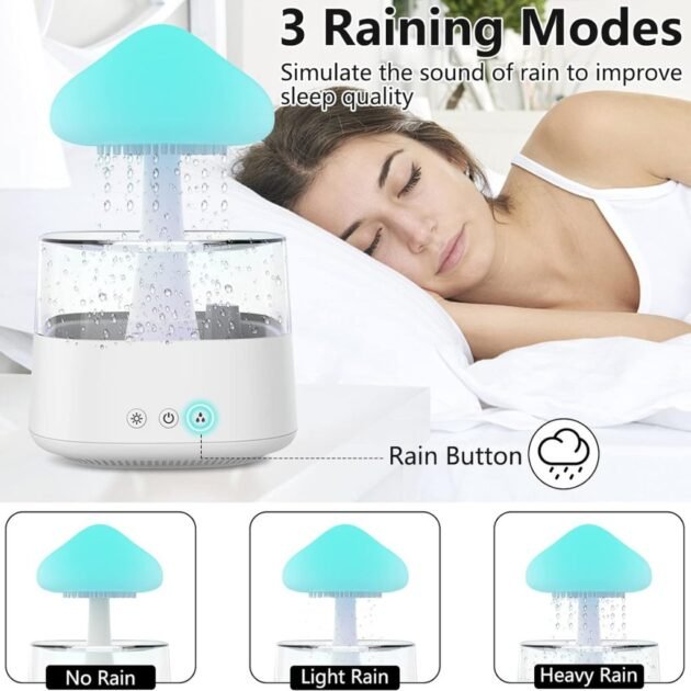 Diffuseur d'Huiles Essentielles avec Effet Sonore de Pluie et Lumières LED