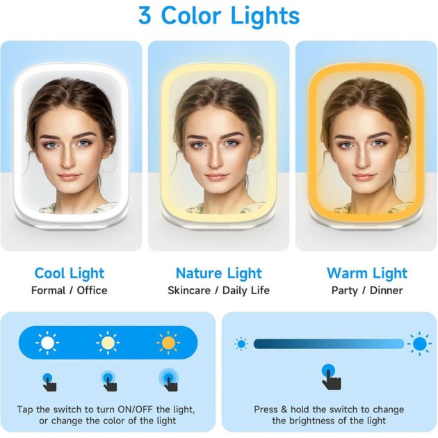 Miroir LED de Courtoisie 3 couleur Rechargeable