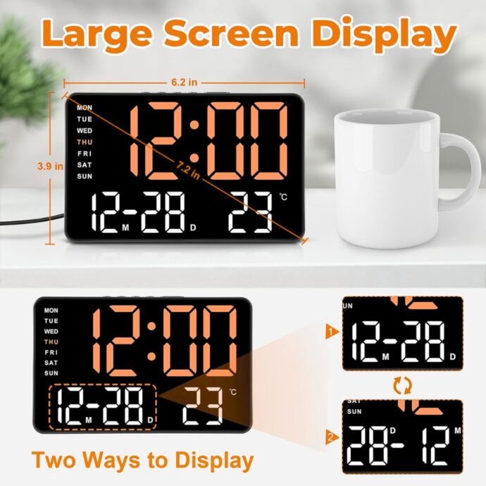 Réveil LED Grand Écran 7,2 Pouces avec Double Alarme