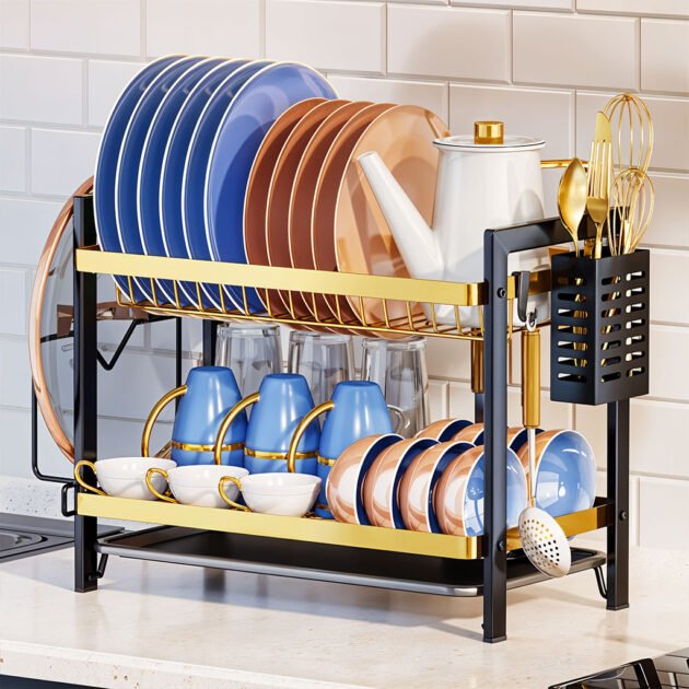 Égouttoir à Vaisselle 2 Niveaux avec Supports Organisation Optimale pour la Cuisine