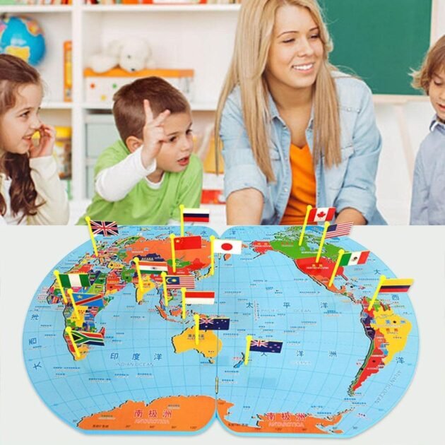 Puzzle Carte du Monde en Bois - Éducatif, Pliable, Apprentissage des Pays et Drapeaux