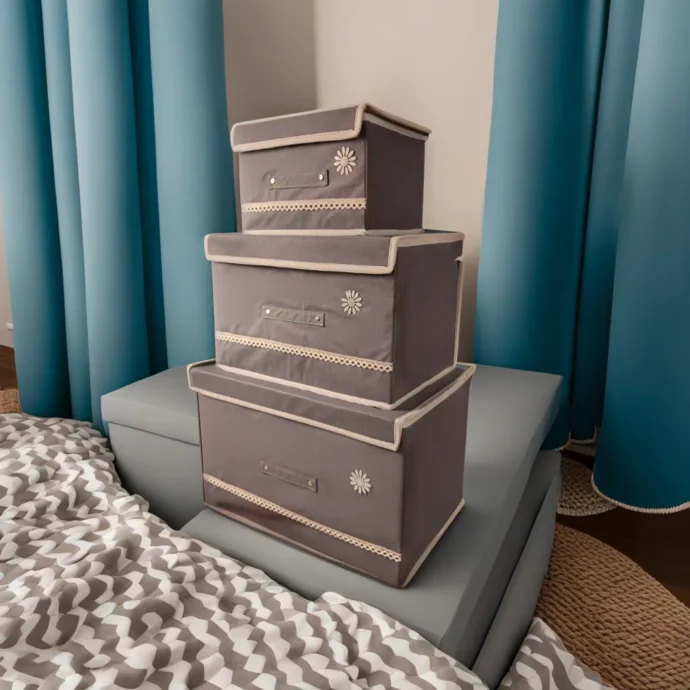 ⁦Coffre de Rangement Décoratif - Tissu Coton et Poignées en PU⁩ - الصورة ⁦2⁩