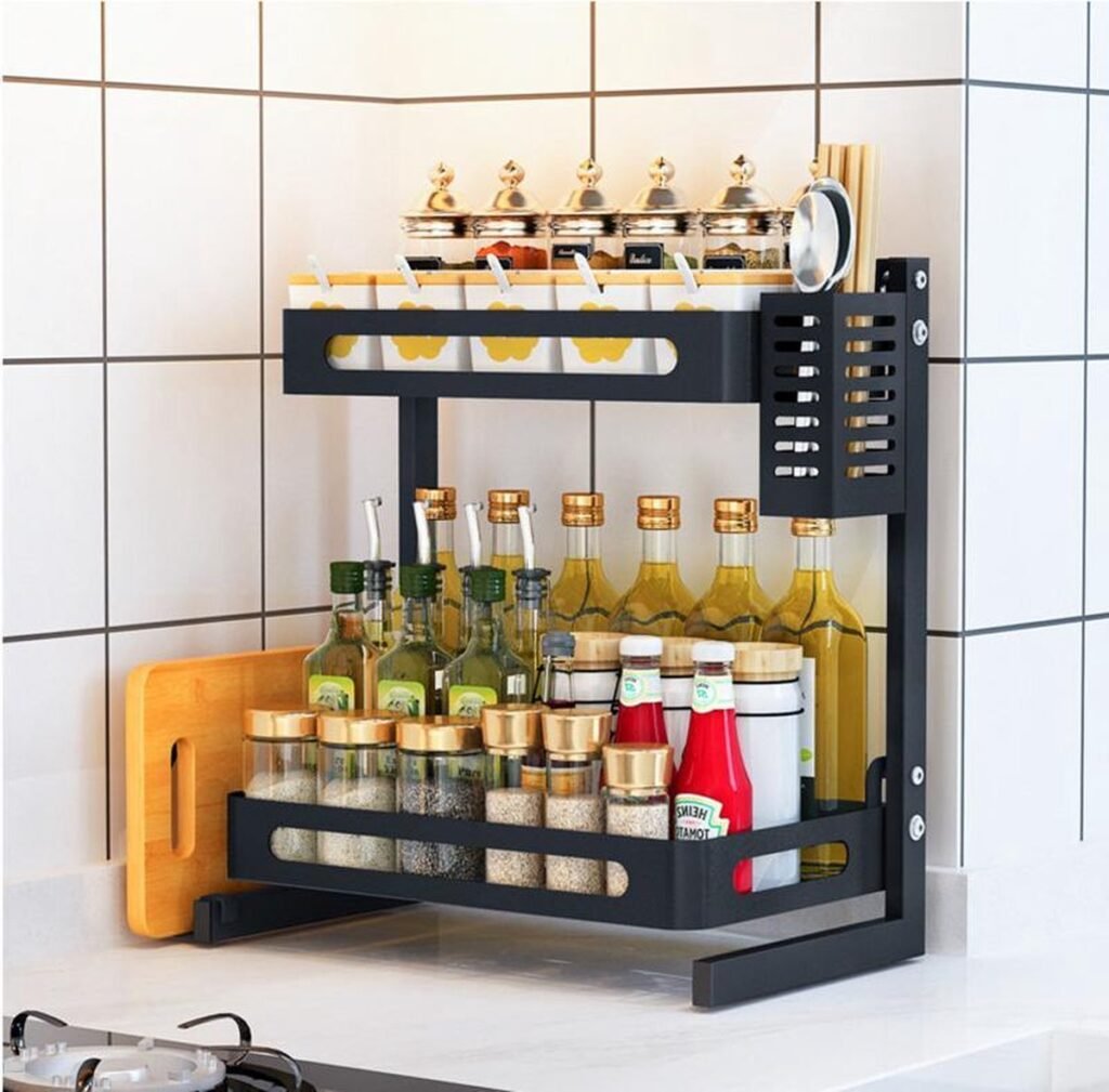 Étagère à Épices 2 Niveaux - Acier Inoxydable, 15kg, Noir