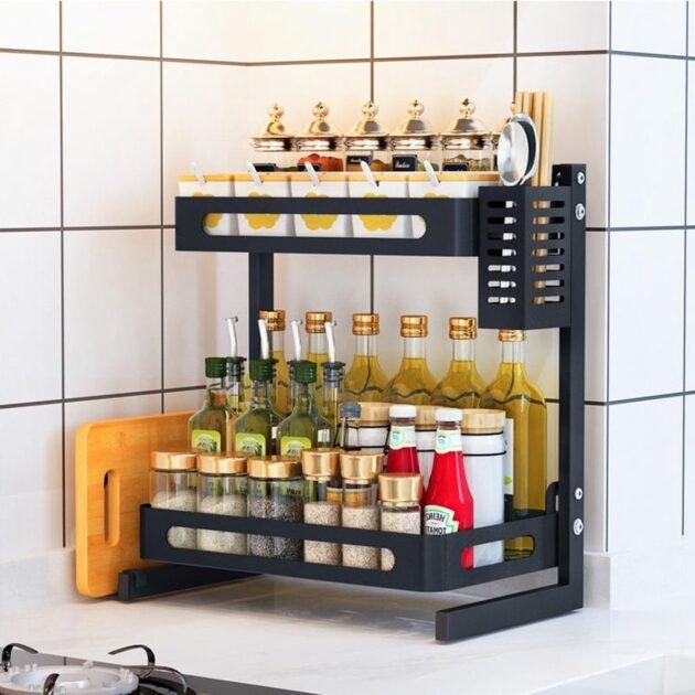 Étagère à Épices 2 Niveaux - Acier Inoxydable, 15kg, Noir