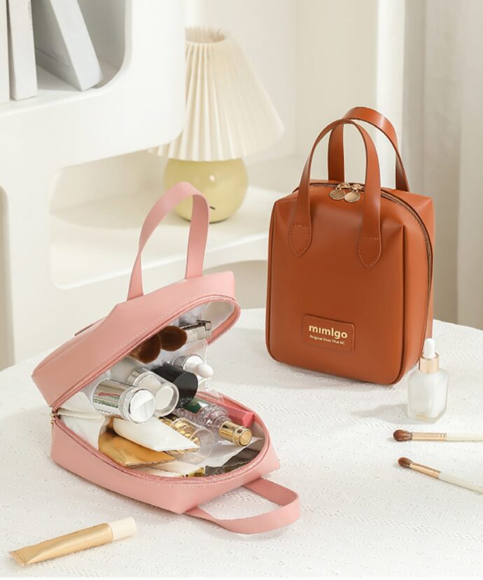 Pochette Cosmétique en Simili Cuir à Double Fermeture