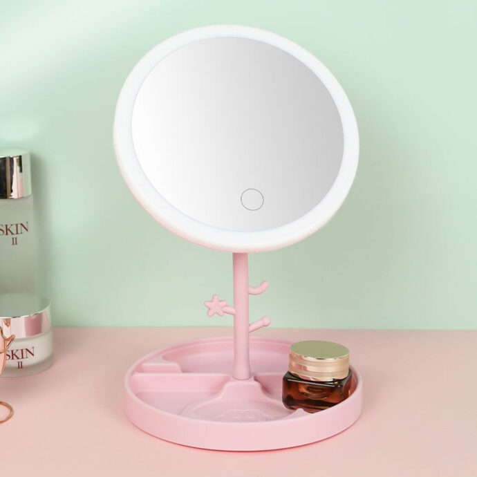 Miroir de Maquillage LED avec Rangement Rechargeable