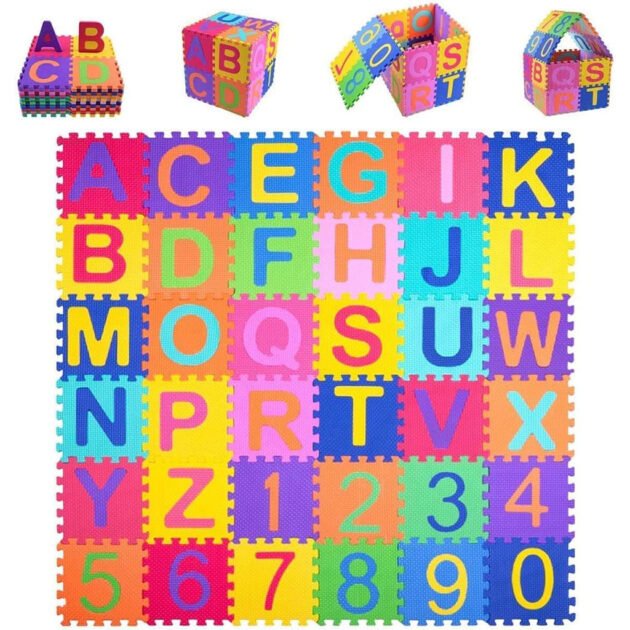 Tapis De Jeu Puzzle Lettres et Chiffres pour Bébé 36Pcs