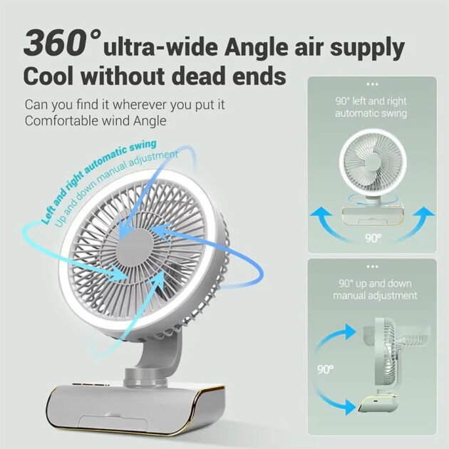 Ventilateur Rechargeable Rotatif avec Lumière LED
