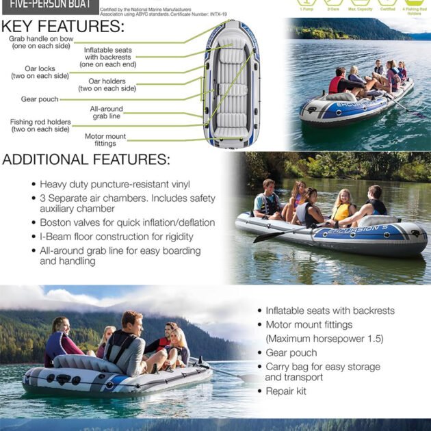 Bateau Gonflable Intex Excursion 5 – Pack Complet avec Pompe, Rames et Kit Moteur