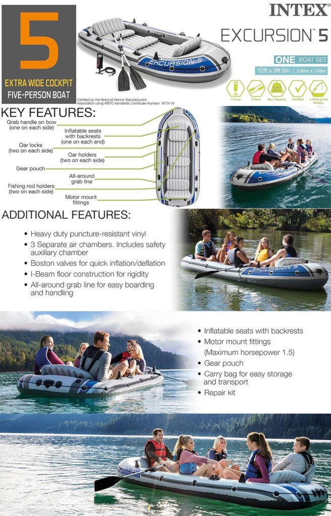 Bateau Gonflable Intex Excursion 5 – Pack Complet avec Pompe, Rames et Kit Moteur