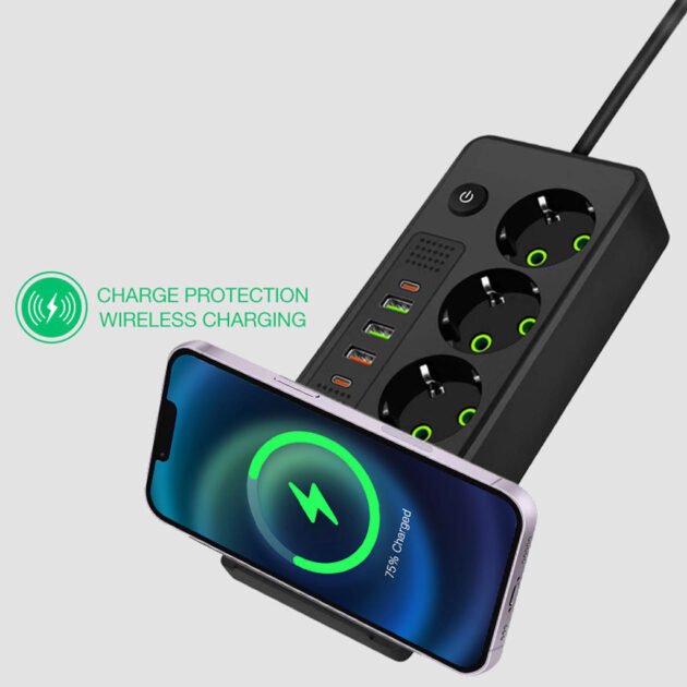 Multiprise 4 Prises 2500W avec USB, Type-C & Charge Sans Fil – Station d’Alimentation Intelligente Tout-en-Un