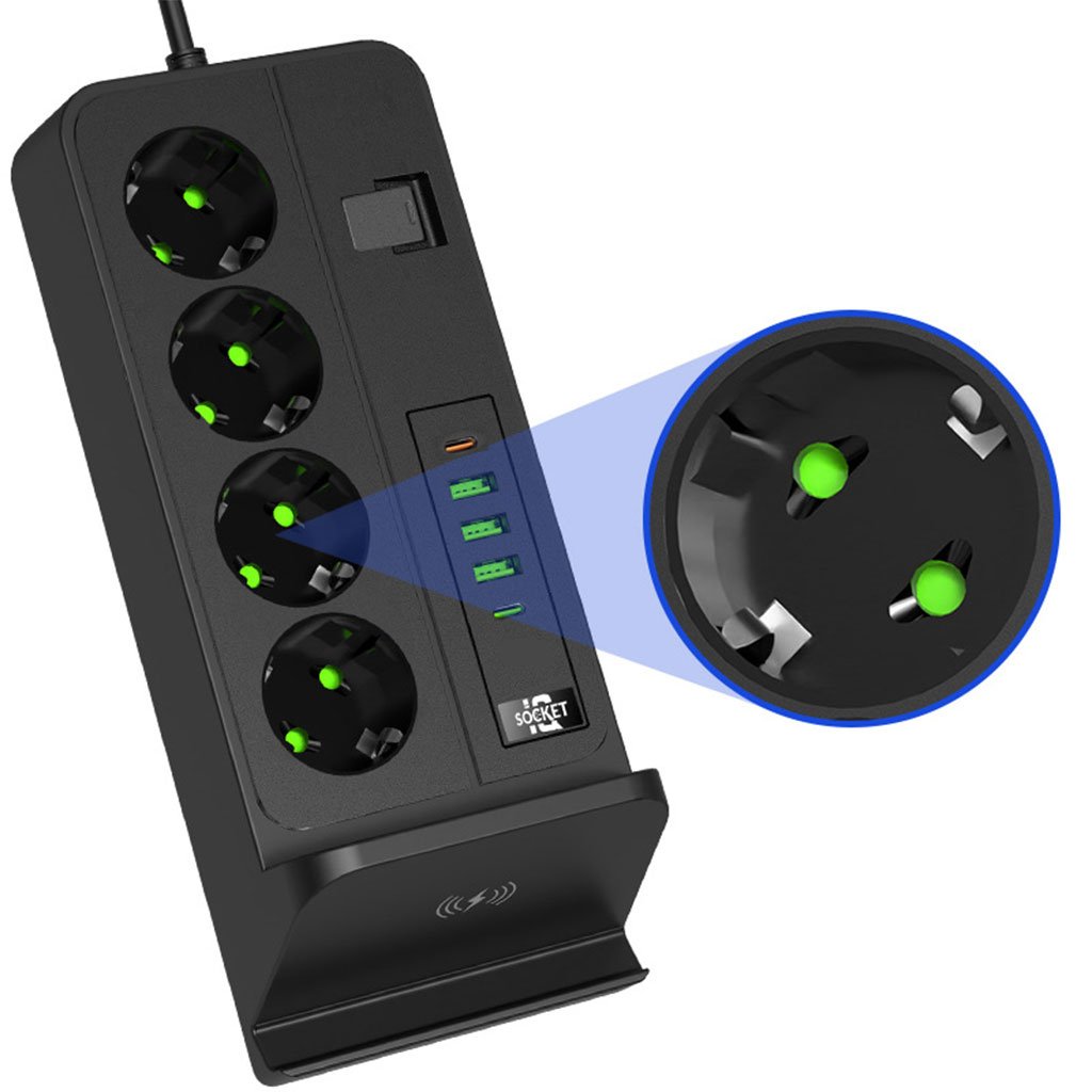 Multiprise 4 Prises 2500W avec USB, Type-C & Charge Sans Fil – Station d’Alimentation Intelligente Tout-en-Un