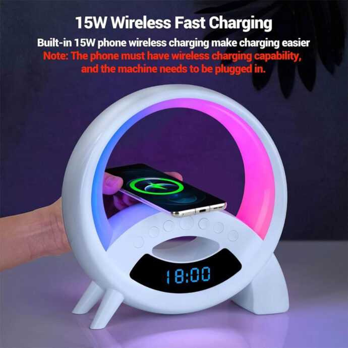 ⁦Lampe de Table Multifonction Q18 – Bluetooth, Réveil et Charge Sans Fil⁩ - الصورة ⁦7⁩