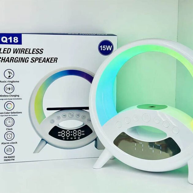 Lampe de Table Multifonction Q18 – Bluetooth, Réveil et Charge Sans Fil