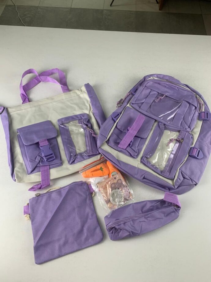 ⁦Set de Sacs Scolaires 4 Pièces Style Kawaii avec Accessoires – Couleur Mauve⁩ - الصورة ⁦3⁩