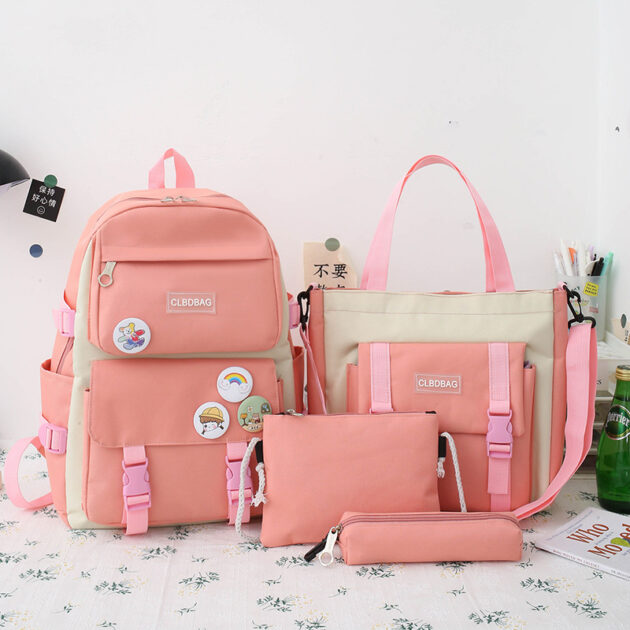 Ensemble de Sacs d’École 4 Pièces Kawaii HAOLIDA V2 – Rose