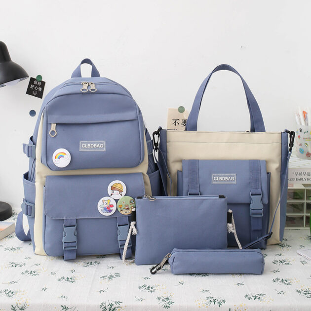Ensemble de Sacs d’École 4 Pièces Kawaii HAOLIDA V2 – Bleu