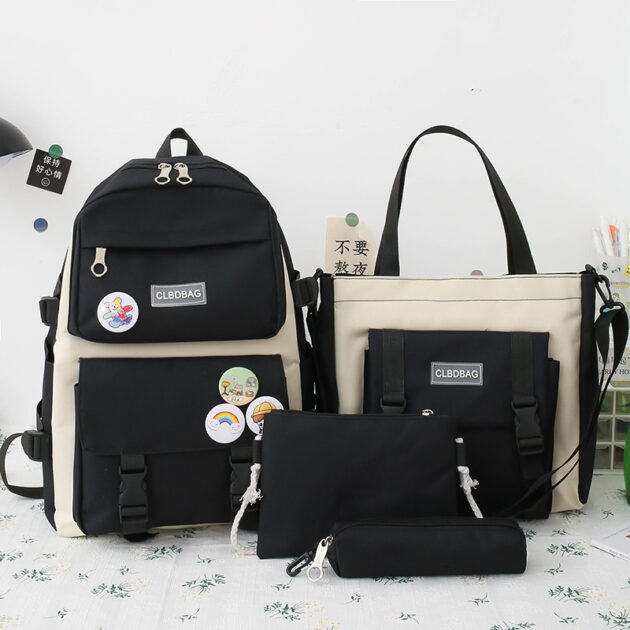 Ensemble de Sacs d’École 4 Pièces Kawaii HAOLIDA V2 – Noir