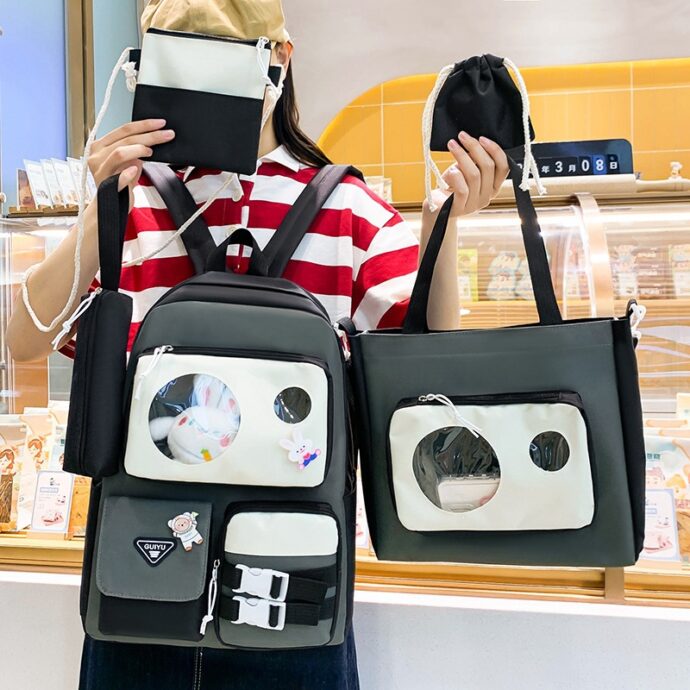 ⁦Set de Sacs Scolaires Kawaii 5 Pièces – Guiyu V2 – Noir et Gris⁩ - الصورة ⁦2⁩