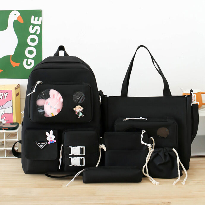 ⁦Set de Sacs Scolaires Kawaii 5 Pièces – Guiyu V2 – Noir⁩ - الصورة ⁦2⁩