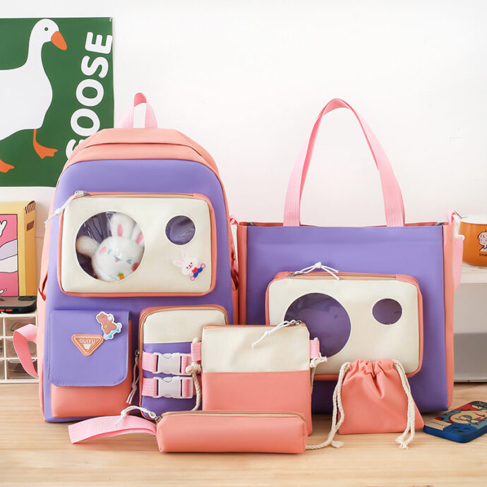 ⁦Set de Sacs Scolaires Kawaii 5 Pièces – Guiyu V2 – Rose et Mauve⁩ - الصورة ⁦2⁩