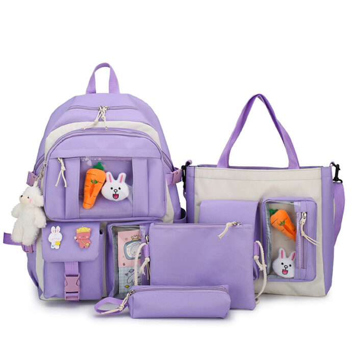 Set de Sacs Scolaires 4 Pièces Style Kawaii avec Accessoires – Couleur Mauve