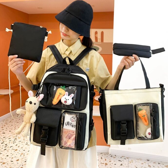 ⁦Set de Sacs Scolaires 4 Pièces Style Kawaii avec Accessoires – Couleur Noir⁩ - الصورة ⁦2⁩