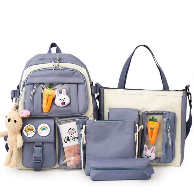 Set de Sacs Scolaires 4 Pièces Style Kawaii avec Accessoires – Couleur Bleu