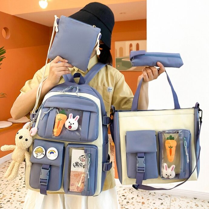 ⁦Set de Sacs Scolaires 4 Pièces Style Kawaii avec Accessoires – Couleur Bleu⁩ - الصورة ⁦2⁩