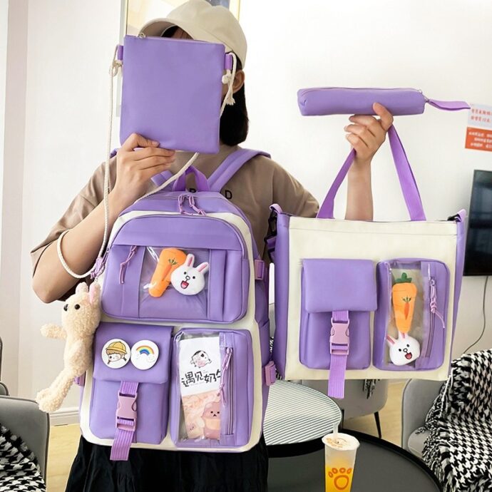 ⁦Set de Sacs Scolaires 4 Pièces Style Kawaii avec Accessoires – Couleur Mauve⁩ - الصورة ⁦2⁩