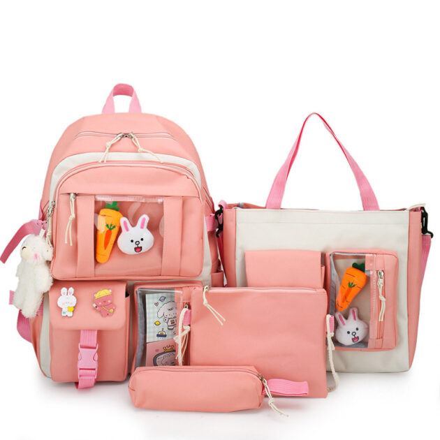 Set de Sacs Scolaires 4 Pièces Style Kawaii avec Accessoires – Couleur Rose