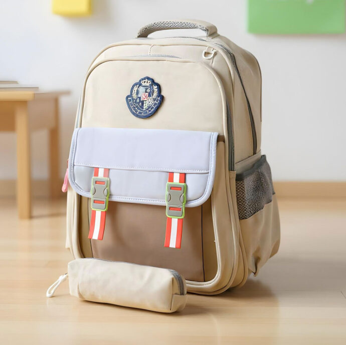 Sac à Dos Scolaire avec Trousse – Modèle Enfant 2605 Beige