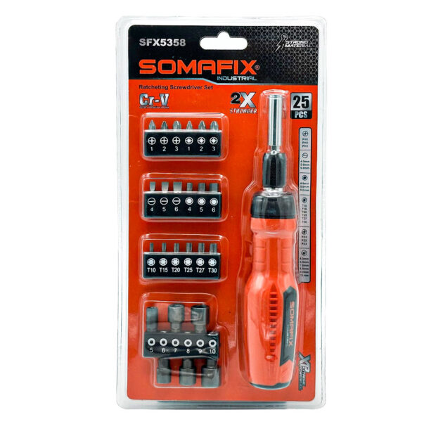 SOMAFIX SFX5358 – Ensemble de 25 embouts et tournevis à cliquet Cr-V – Précision pro