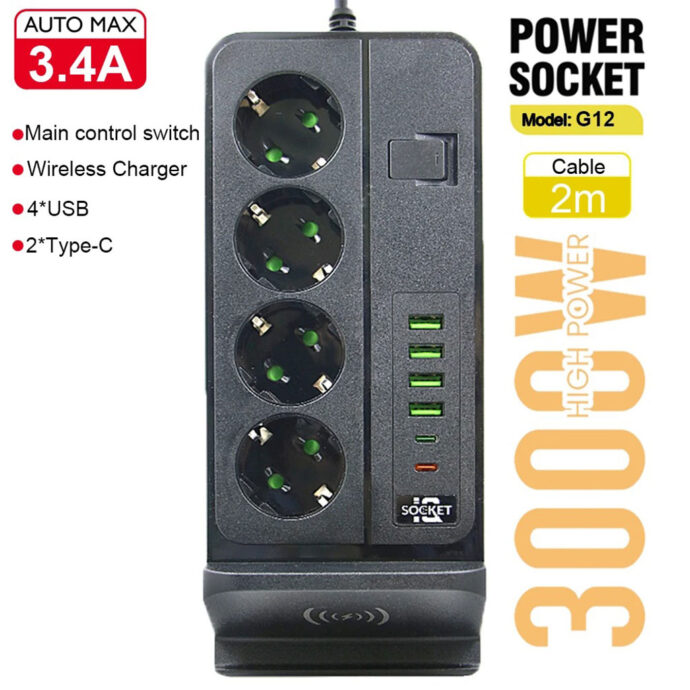 ⁦Multiprise 3000W 4 Prises, 4 Ports USB, 2 Ports Type-C avec Charge Sans Fil⁩ - الصورة ⁦6⁩