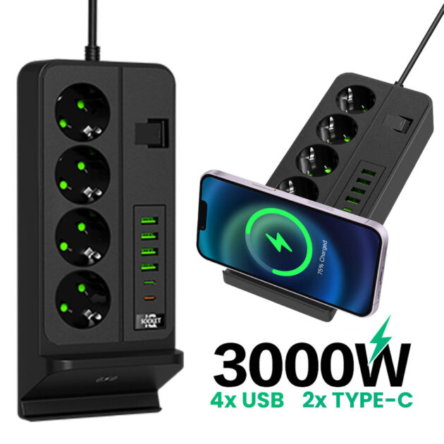 Multiprise 3000W 4 Prises, 4 Ports USB, 2 Ports Type-C avec Charge Sans Fil