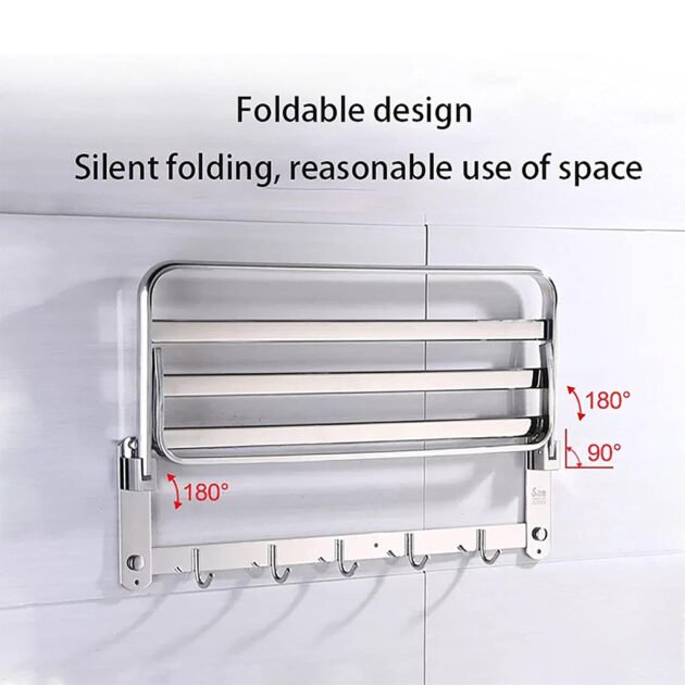 Porte-Serviettes Inox Pliable – Rangement Mural avec Étagère et Crochets