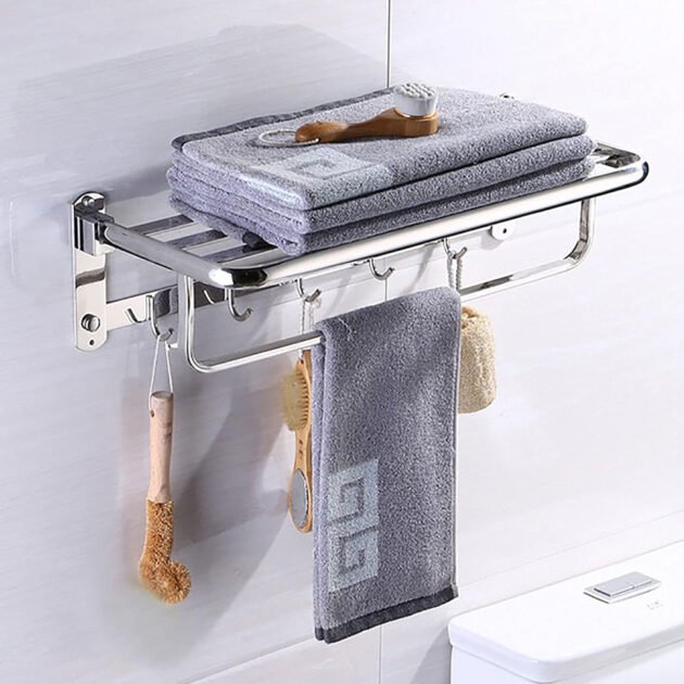 Porte-Serviettes Inox Pliable – Rangement Mural avec Étagère et Crochets