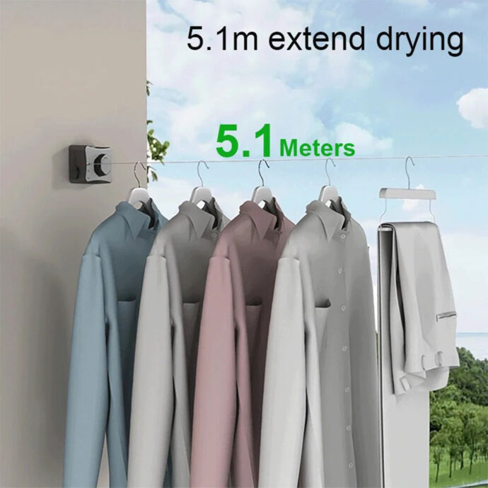 ⁦Corde à Linge Rétractable 5.1m en Acier Inoxydable Capacité 20KG⁩ - الصورة ⁦2⁩
