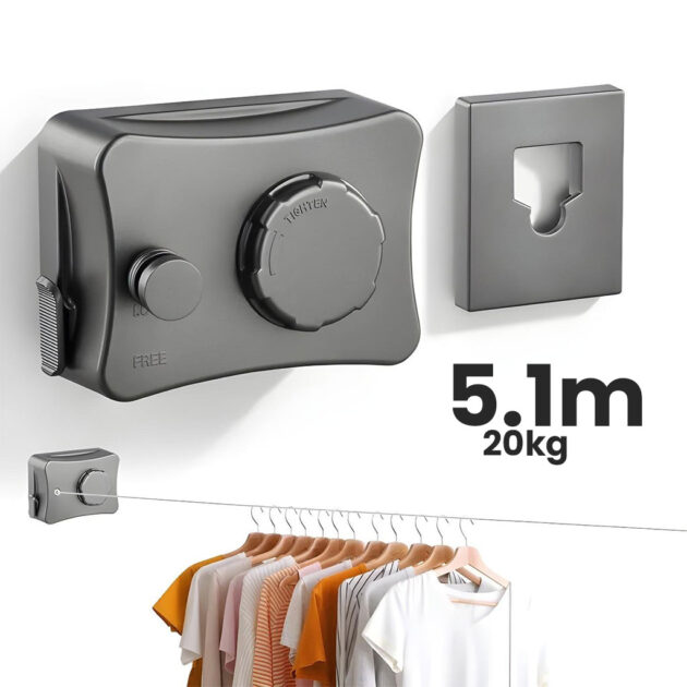 Corde à Linge Rétractable 5.1m en Acier Inoxydable Capacité 20KG