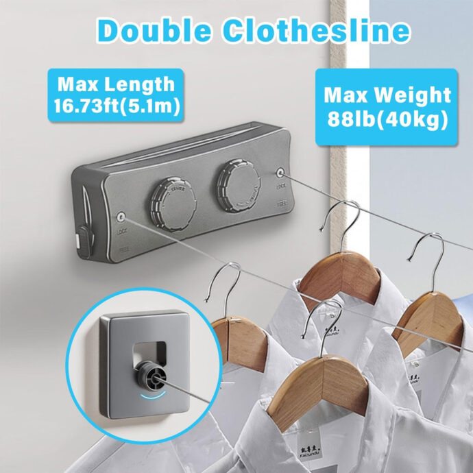 ⁦Double Corde à Linge Rétractable 2 x 5,1m en Acier Inoxydable Capacité 40KG⁩ - الصورة ⁦6⁩