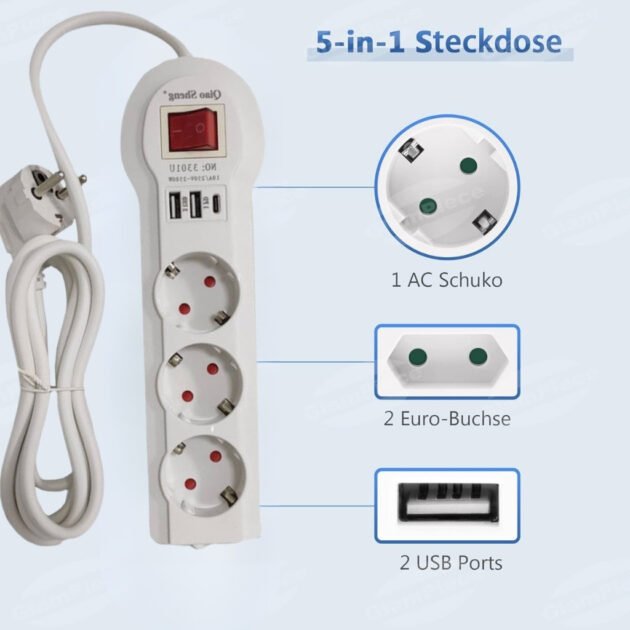 Multiprise 3 prises et Type C avec 2 USB 2 m Blanc 3301U