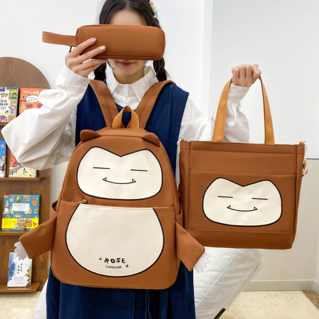 Ensemble de Sacs Snorlax 3Pcs Design Kawaii Marron