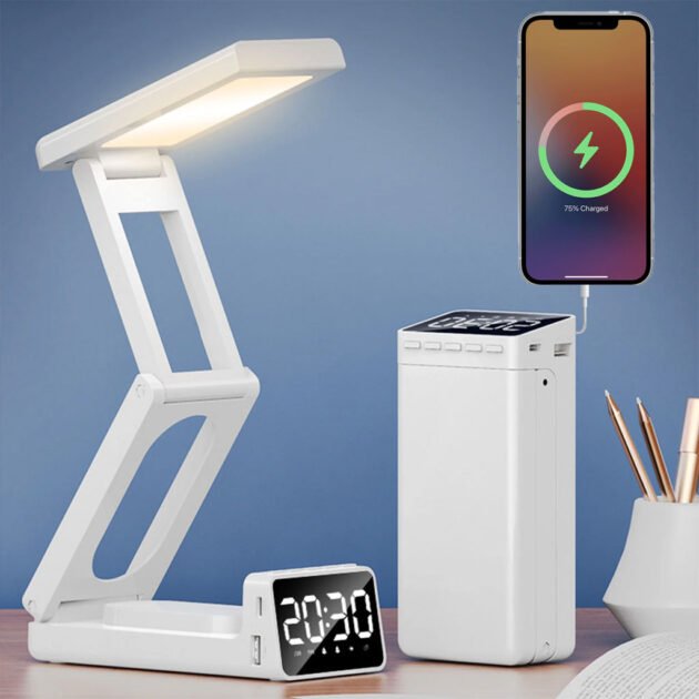 Lampe de bureau rechargeable Sans Fil avec Réveil Numérique et power bank