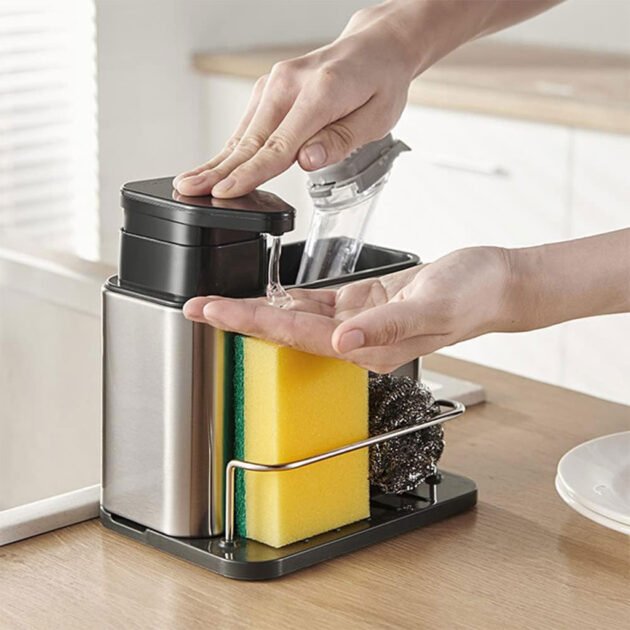 Distributeur de Savon Vaisselle 3 en 1 avec Porte-Éponge
