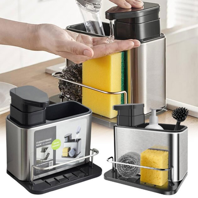 Distributeur de Savon Vaisselle 3 en 1 avec Porte-Éponge