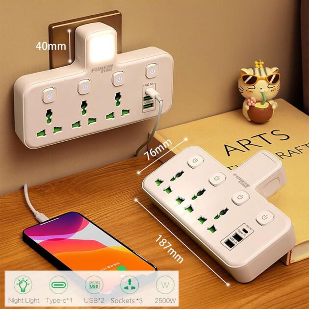 Multiprise électrique universelle 3 ports + 3 ports USB + Type-C